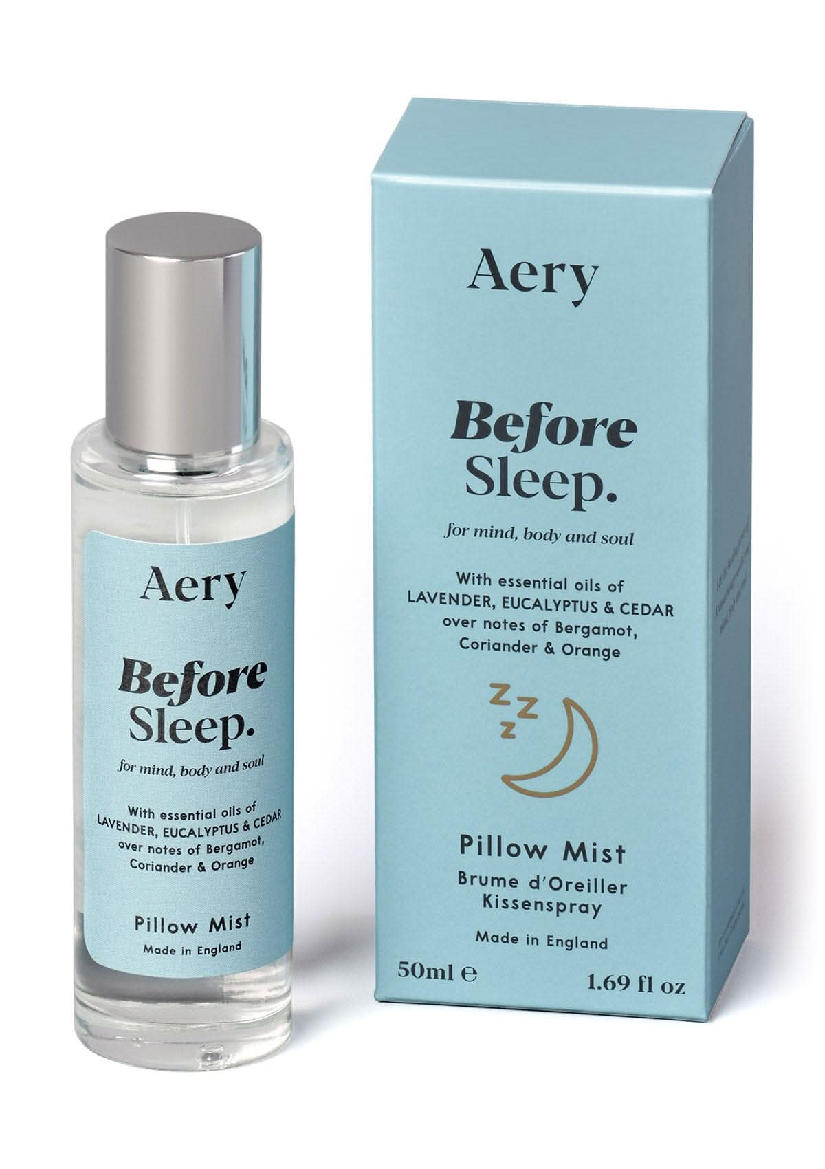 Blue Before Sleep pillow spray displayed next to product packaging by Aery on white bacground