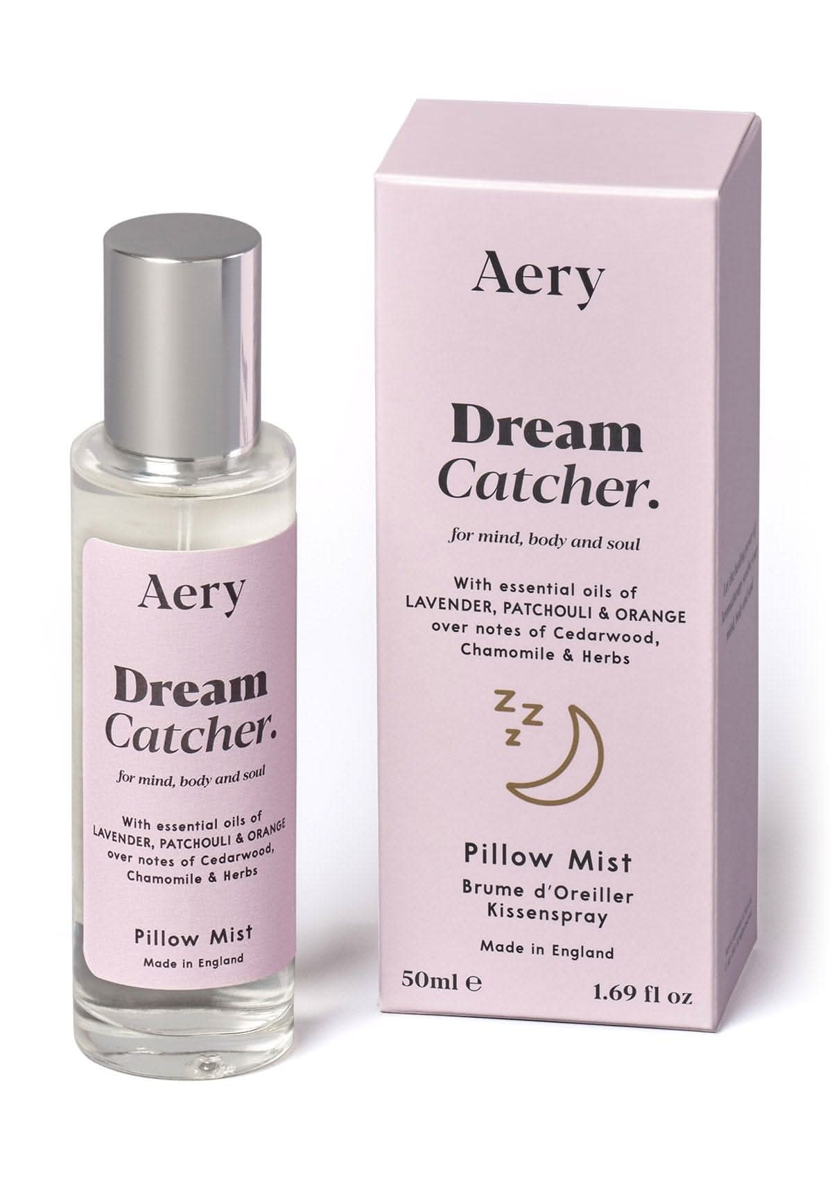 Lilac Dream Catcher pillow spray displayed next to product packaging by Aery on white bacground 